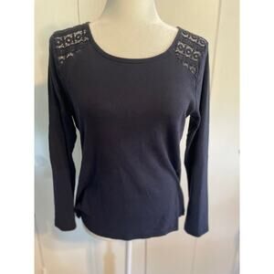 Talbots Size Medium Long Sleeve 100% Cotton Pullover Top Navy Blue‎